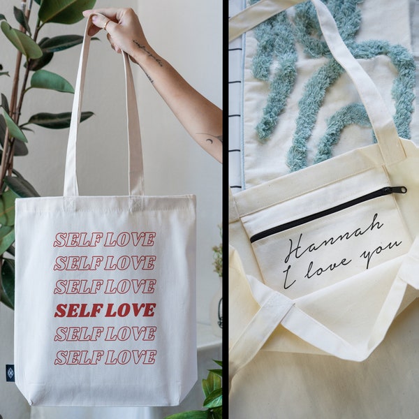 JUTE BAG 100% cotton with INNER POCKET and zipper / Personalizable / Cloth bag thick fabric / Tote Bag Self Love