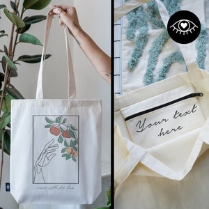 SAC JUTE 100% coton avec POCHE INTÉRIEURE et fermeture éclair / Personnalisable / Sac en tissu tissu épais / Tote bag