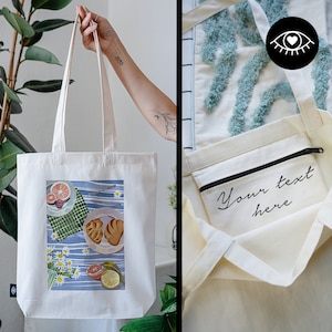 TOTE BAG 100 % Baumwolle mit INNENTASCHE und Reißverschluss/ Stofftasche Jutebeutel dicker Stoff / Uni Schule / Picnic Day Art Summer