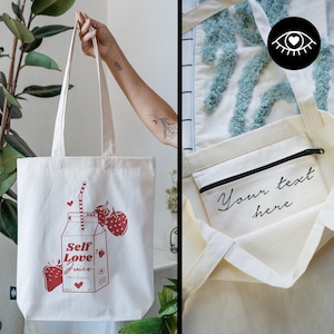 JUTEBEUTEL 100 % Baumwolle mit INNENTASCHE und Reißverschluss / Personalisierbar / Stoffbeutel dicker Stoff / Self Love Tote Bag Kawaii