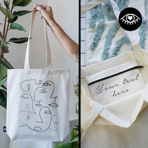 SAC JUTE 100% coton avec POCHE INTÉRIEURE et fermeture éclair / Personnalisable / Sac en tissu tissu épais / Tote bag Lignes abstraites