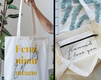 JUTEBEUTEL 100 % Baumwolle mit INNENTASCHE und Reißverschluss / Personalisierbar / Stoffbeutel dicker Stoff / Tote Bag Feminist