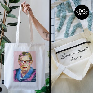 TOTE BAG 100% coton avec POCHE INTÉRIEURE et fermeture éclair / sac en tissu sac en jute tissu épais / Ruth Bader Ginsburg