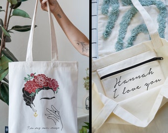 JUTEBEUTEL 100 % Baumwolle mit INNENTASCHE und Reißverschluss / Personalisierbar / Stoffbeutel dicker Stoff / Tote Bag Frida