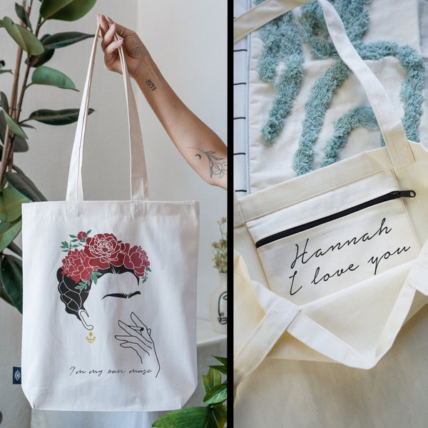 JUTEBEUTEL 100 % Baumwolle mit INNENTASCHE und Reißverschluss / Personalisierbar / Stoffbeutel dicker Stoff / Tote Bag Frida