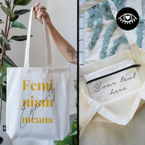 SAC EN JUTE 100% coton avec POCHE INTÉRIEURE et fermeture éclair / Personnalisable / Sac en tissu épais / Sac fourre-tout féministe