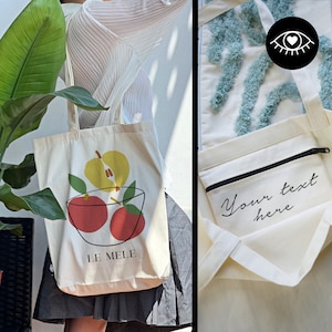 SAC JUTE 100% coton avec POCHE INTÉRIEURE et fermeture éclair / Personnalisable / Sac en tissu tissu épais / Tote bag Pommes Abstraites