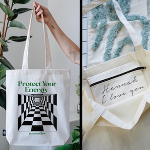 TOTE BAG 100% coton avec POCHE INTÉRIEURE et fermeture éclair / sac en tissu sac en jute tissu épais / Protégez votre énergie / Art 2K