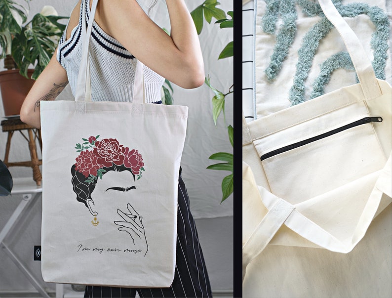 TOTE BAG 100 % cotton with INSIDE POCKET with zipper / Jute bag thick fabric / Cloth bag / Feminism / My own muse 