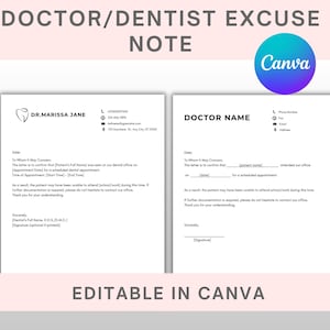 Editable Doctor/Dentist Excuse Note Template: Medical Office Forms, Canva, Digital Download