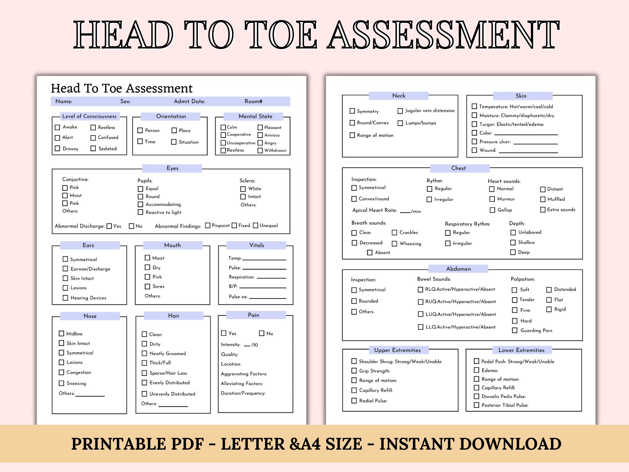 Head To Toe Assessment Template Nursing Checklist Nursing Student Notes 