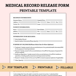 Medical Record Release Form Template: Printable/Fillable/Digital
