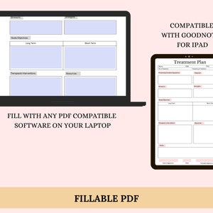 K&ouml;nnte beinhalten: Eine ausf&uuml;llbare PDF-Vorlage f&uuml;r einen Behandlungsplan, kompatibel mit GoodNotes f&uuml;r iPad. Die Vorlage enth&auml;lt Abschnitte f&uuml;r Ziele, Zielsetzungen, therapeutische Interventionen und Ressourcen. Sie enth&auml;lt auch Abschnitte f&uuml;r die Darstellung von Bedenken, St&auml;rken und Diagnosen.