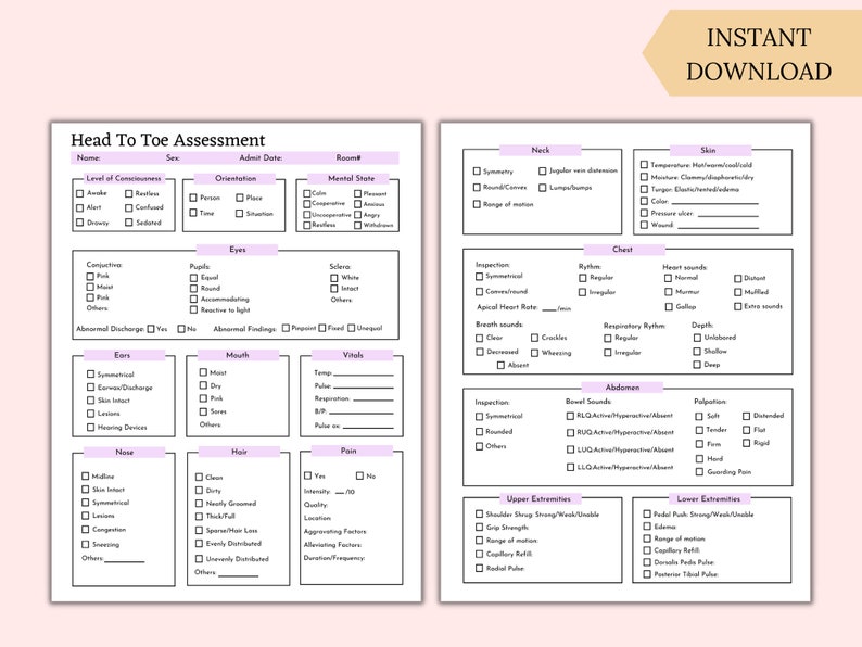 Head to Toe Assessment Template Nursing Checklist Nursing Student Notes Patient Assessment Template Health Assessment Class image 3