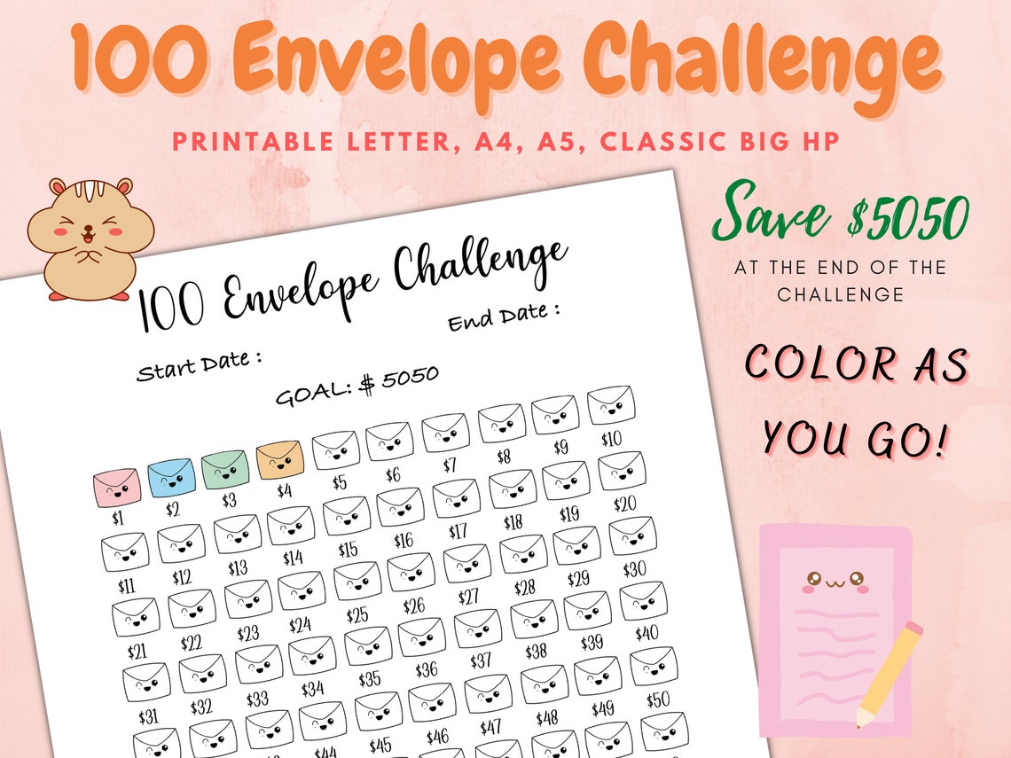 100 Envelope Challenge Printable, Savings Challenge, Savings Tracker ...