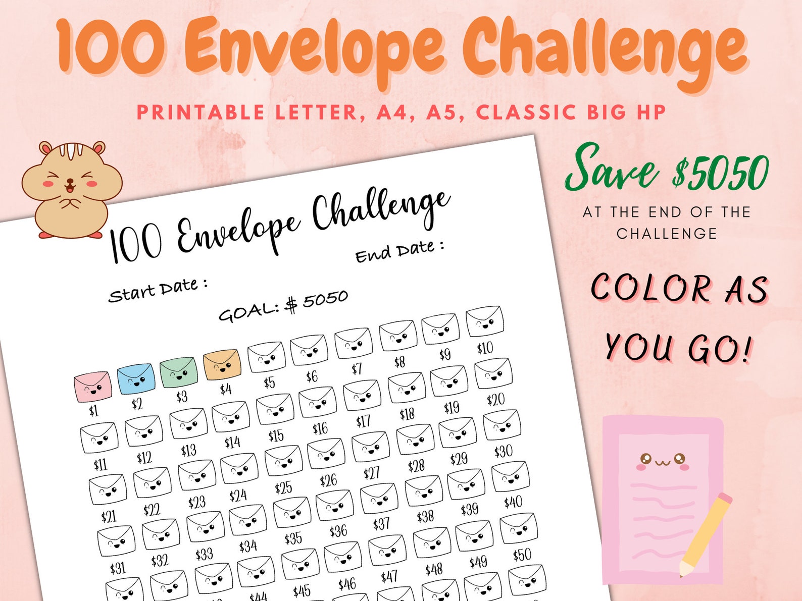 100 Envelope Challenge Printable, Savings Challenge, Savings Tracker ...