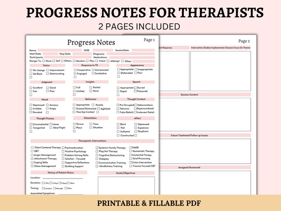 Progress Notes For Therapists | Client Counseling Template | Client Progress Notes | Therapy Tools | Printable & Fillable Template