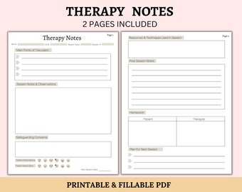 Therapy Notes | Therapist Worksheet | Printable & Fillable Therapy Session Template For Clients | Patient Counseling | Mental Health Session