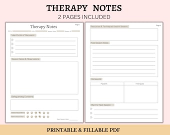 Therapy Notes | Therapist Worksheet | Printable & Fillable Therapy Session Template For Clients | Patient Counseling | Mental Health Session