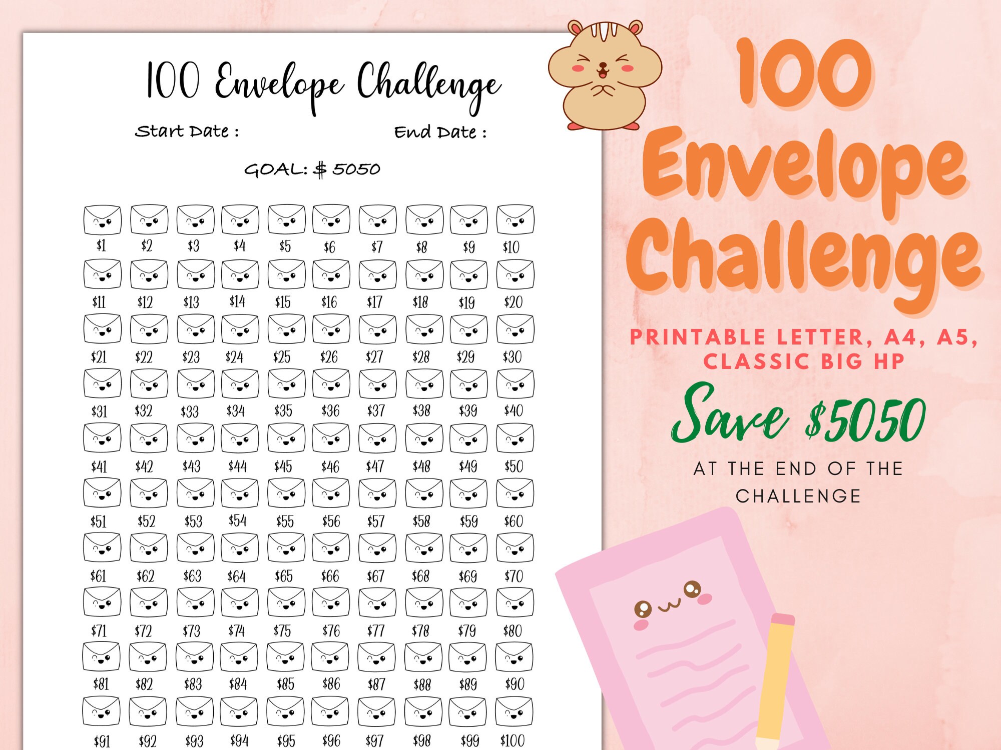 100 Envelope Challenge Printable, Savings Challenge, Savings Tracker ...