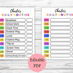 May include: A printable daily routine chart for kids with a colorful rainbow design. The chart includes times from 8:00 AM to 7:30 PM and activities like breakfast, school work, snack time, outdoor play, lunch, creative play, tidy up, screen time, dinner, and getting ready for bed. The chart is labeled "Charlie's Daily Routine".