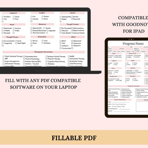 May include: A fillable PDF document for progress notes, compatible with GoodNotes for iPad. The document includes sections for judgment, mood, thought process, affect, insights, behavior, determination, orientation, speech, thought content, therapeutic interventions, history of patient issues, goals, and objectives.