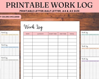 Work Log Printable, Time Log Printable, Time Tracker, Work Tracker, Working Hours Tracker, Time Spent, Activity Tracker PDF, A4 A5 LETTER