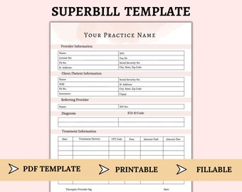 Superbill Vorlage für psychische Gesundheitsdienstleister / Therapeuten | Ausfüllbare & druckbare Therapeuten Rechnung | Statement of Service für Counselors PDF