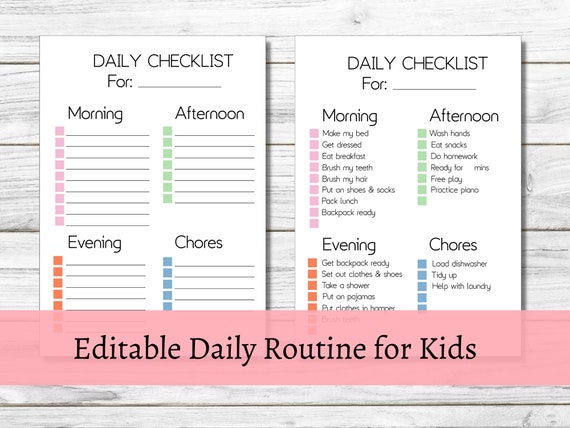 Chore Chart for Kidsdaily Checklist Editable Daily Routine | Etsy