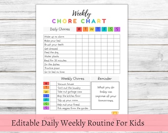 Daily Routine Chart, Chore Chart For Kids, Editable Daily Routine, Routine Checklist, Daily Weekly Routine Chart, Kids Responsibility chart