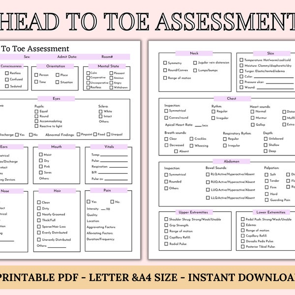 Head to Toe Assessment Template Nursing Checklist | Nursing Student Notes | Patient Assessment Template | Health Assessment Class