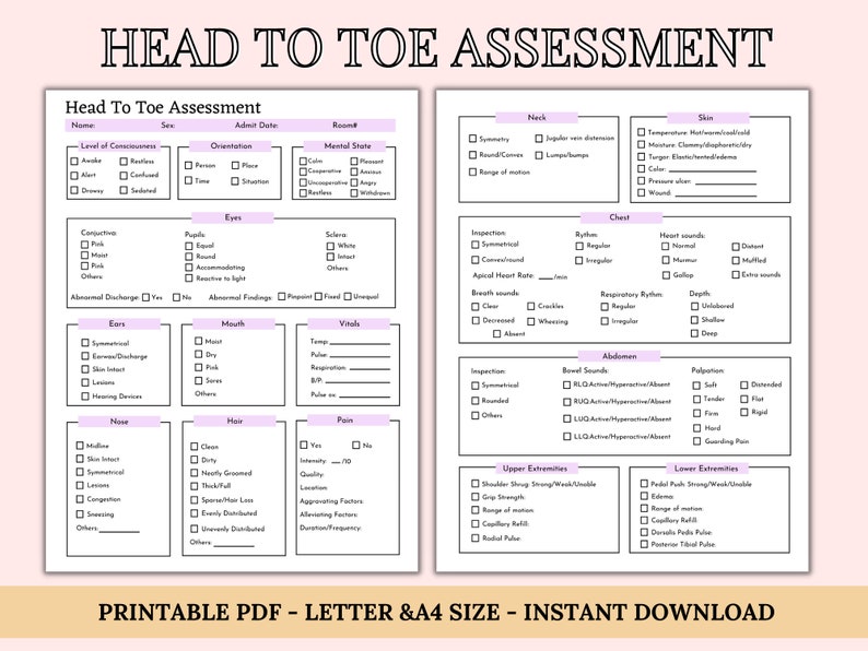 Head to Toe Assessment Template Nursing Checklist Nursing Student Notes Patient Assessment Template Health Assessment Class image 1