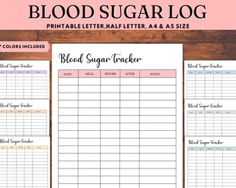 May include: Printable blood sugar tracker log in seven different colors. The log includes columns for date, meal, before, after, and notes.