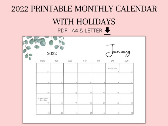 2022 monthly calendar with holidays printable landscape etsy