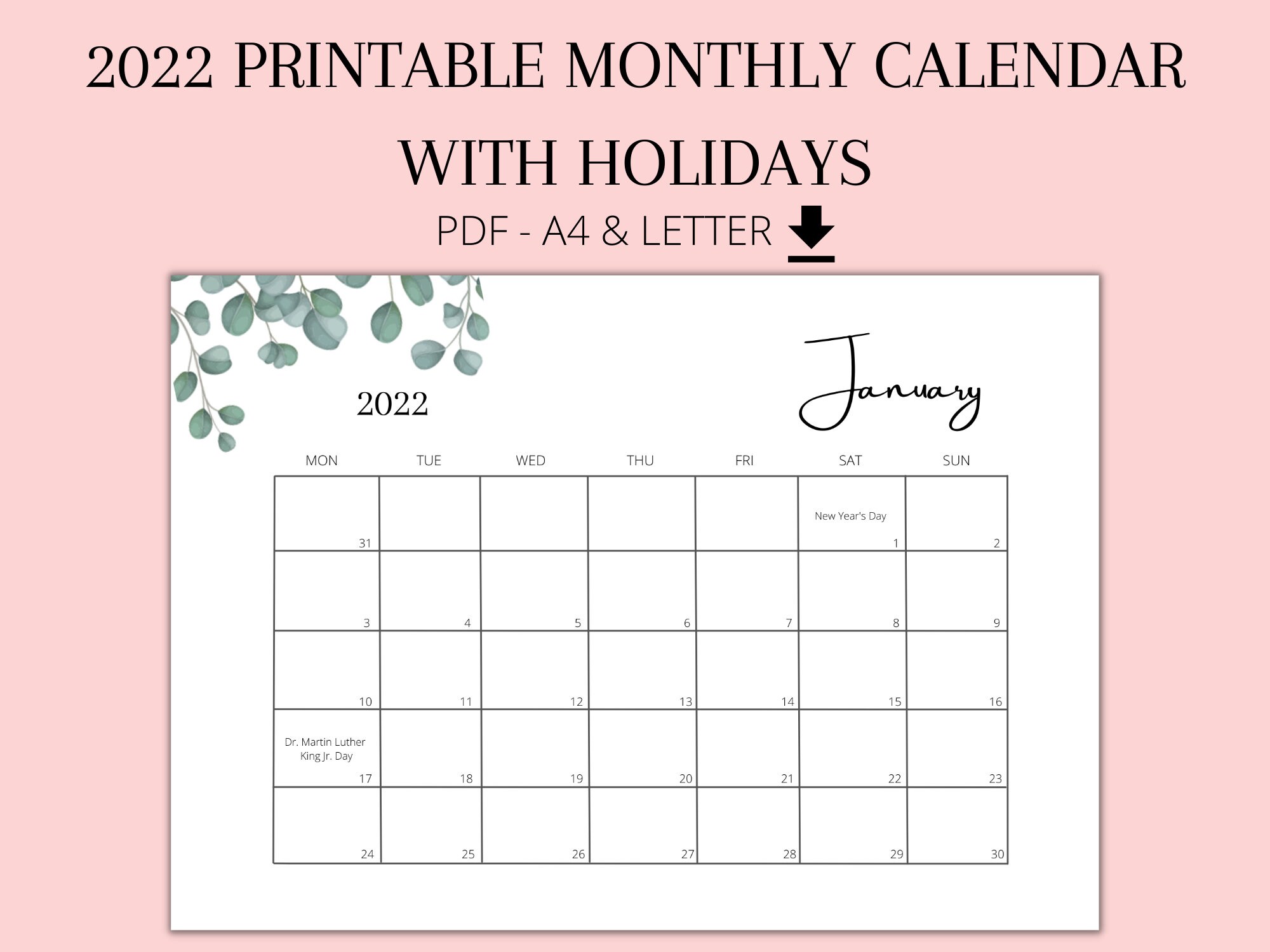 2022 calendar printable monthly with holidays landscape etsy
