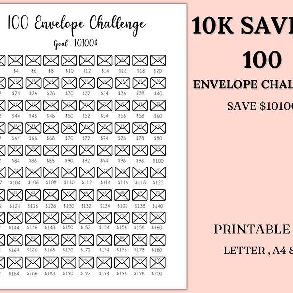 100 Envelope Challenge Printable, 10,000 Savings Challenge, Savings Tracker, Money Savings Challenge Printable , PDF, Instant Download