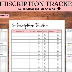 Subscription Tracker Printable, Subscription Log, Membership Tracking, Monthly Subscription Checklist, Account Tracker, Letter A4 A5 US HALF