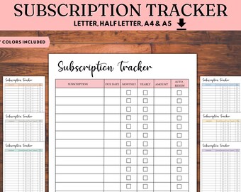 Subscription Tracker Printable, Subscription Log, Membership Tracking, Monthly Subscription Checklist, Account Tracker, Letter A4 A5 US HALF