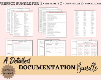 Therapy Documentation Bundle Therapist Tools, Client Progress Notes, Treatment Plan, Therapy Notes, Therapeutic Intervention Words & Phrases