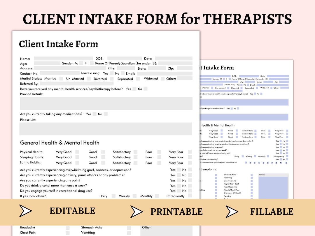 Client Intake Form Template, Therapy Documentation, Fillable Editable ...