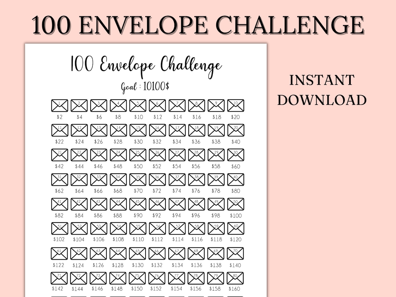 100 Envelope Challenge Printable, 10,000 Savings Challenge, Savings ...