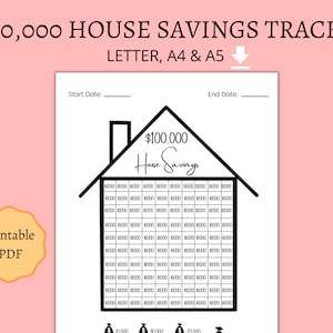 May include: A printable house savings tracker in black and white. The tracker is shaped like a house and has a grid of 100 squares. Each square represents $1,000. The tracker includes a space to write in the start and end dates.