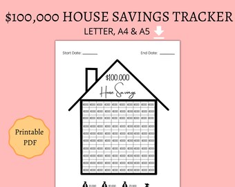 100K Hausspar-Tracker, Haus-Auszahl-Tracker druckbar, Spar-Challenge, Spar-Tracker, Sparziele, Haus-Anzahlungsplaner PDF