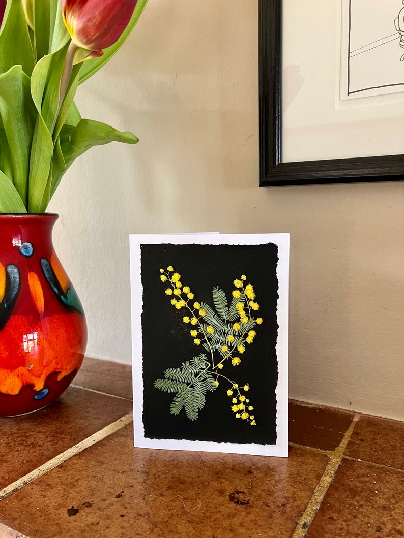 Carte de voeux fleurs de mimosa pressées, vrais mimosas pressés jaunes image 8