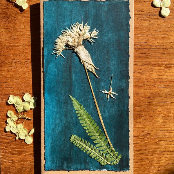 Wild Garlic pressed flower on hand painted paper greetings card