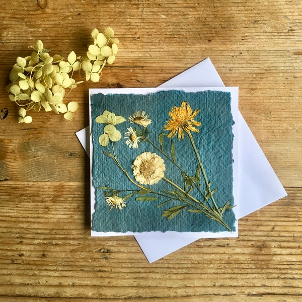 Meadow pressed flowers on hand made, recycled paper greetings card, birthday, any occasion