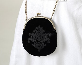 Crossbody Bag, Unique Gift for Her, Black Bag, Embroidered Clutch Bag, Kiss Lock Bag, Black velvet luxury purse, gothic ornament