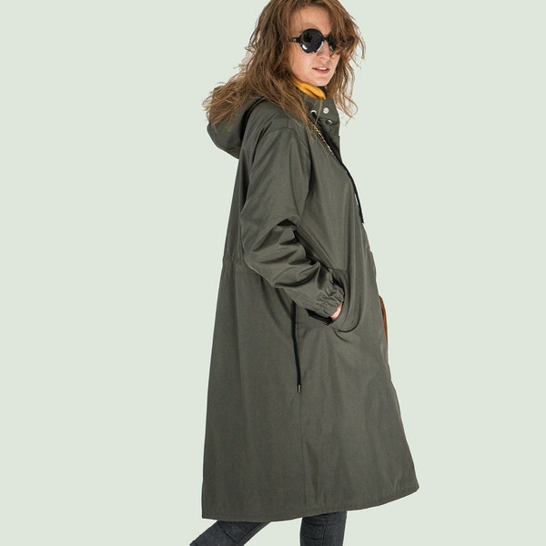 Trenchcoat, Regenmantel Frauen, Übergroßer Mantel mit Kapuze, Khaki-grüner Mantel für Damen, Unisex Windjacke