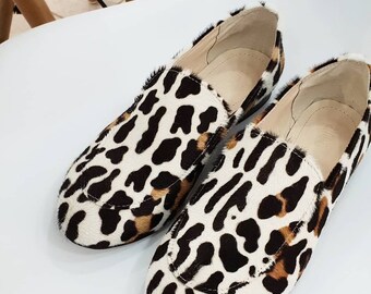 Women pointed Pony Skin Flat Loafers Loose Leopard Flats Slip Ons Loafers square toe slip ons flats Moccasins shoes summer shoes slip ons