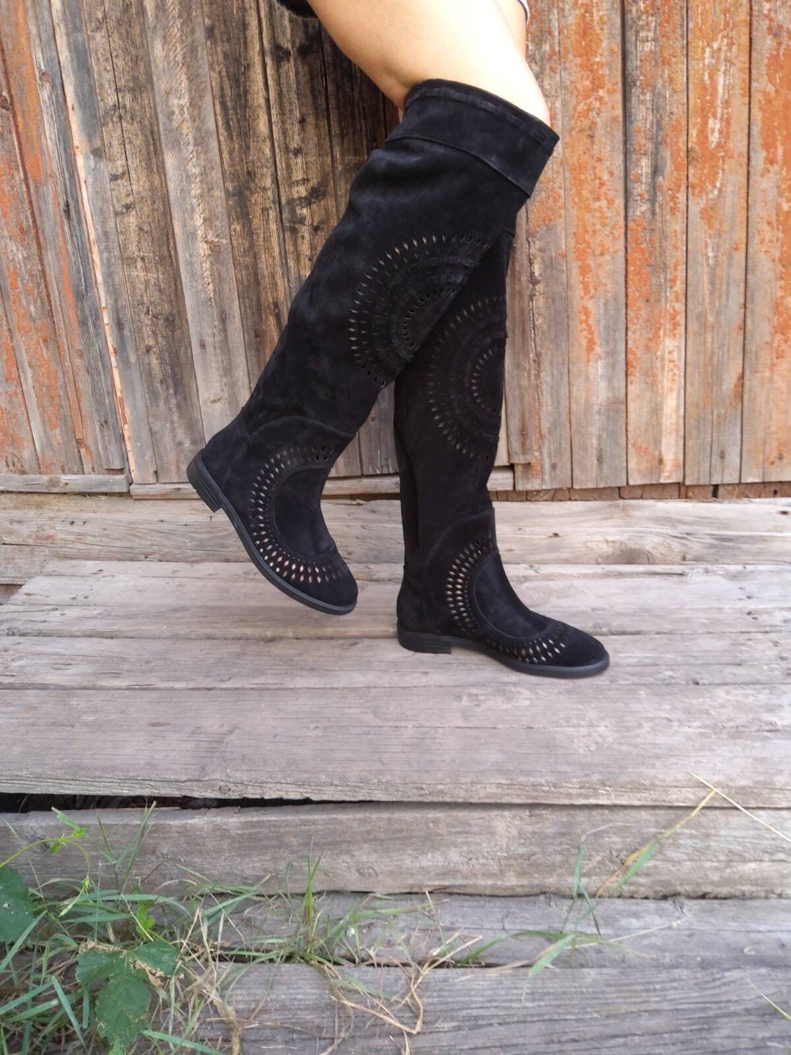 Women genuine suede leather knee high western cowboy Boots Etsy